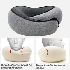 A grey memory foam travel neck pillow with diagrams showing its ergonomic support features.