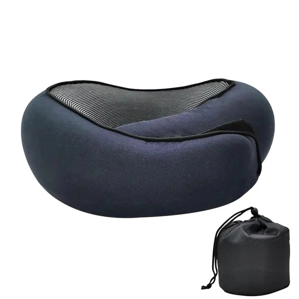 SHOWLU Memory Foam Travel Neck Pillow with ergonomic cervical support, portable design, and carrying bag for comfortable sleep on the go.