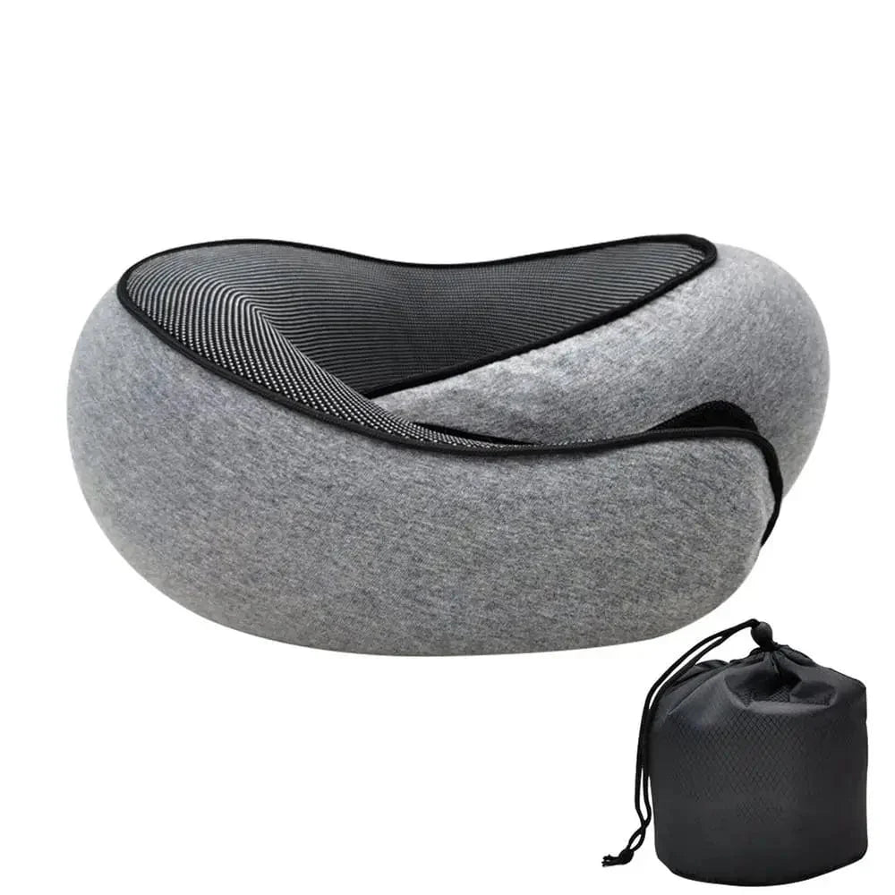 SHOWLU Memory Foam Travel Neck Pillow with ergonomic cervical support and carrying bag, designed for comfortable sleep during travel.