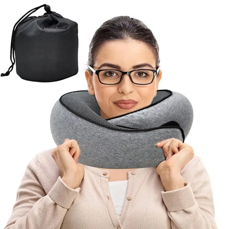 SHOWLU Memory Foam Travel Neck Pillow with ergonomic cervical support, portable design, and carrying bag for comfortable sleep during travel.