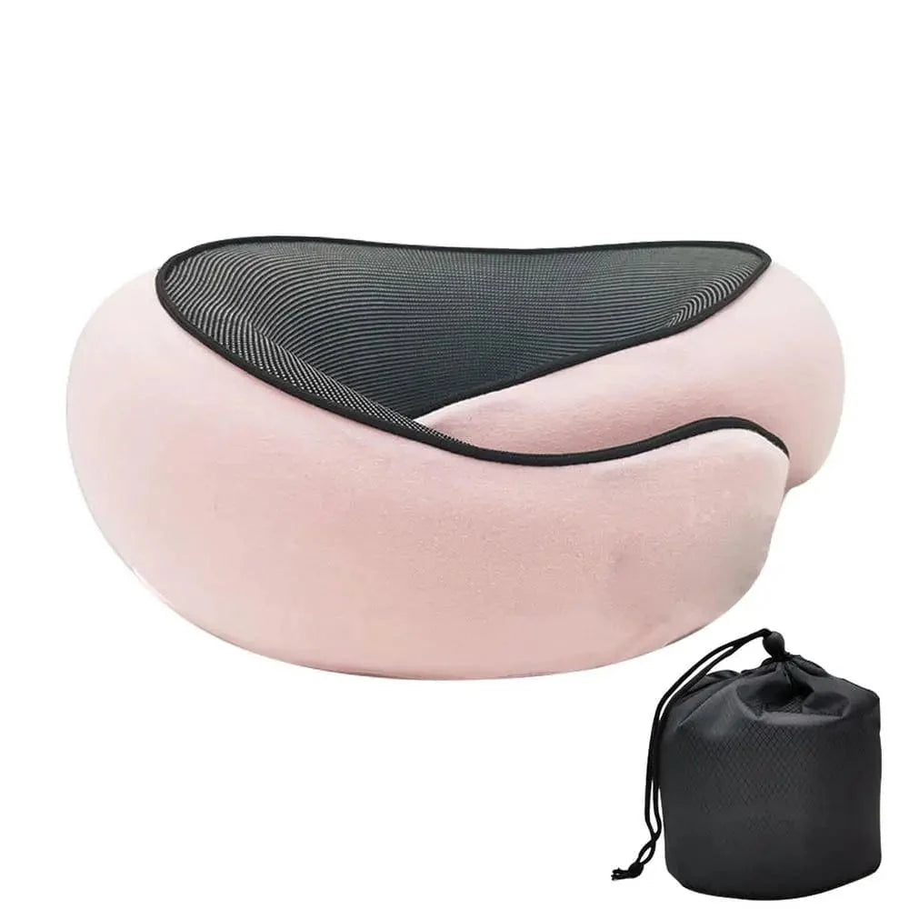 SHOWLU Memory Foam Travel Neck Pillow with ergonomic cervical support, portable design, carrying bag, ideal for travel and camping.