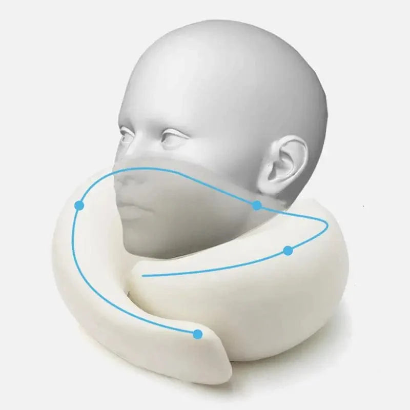 SHOWLU Memory Foam Travel Neck Pillow with ergonomic cervical support, portable design, and carrying bag for comfortable sleep during travel.