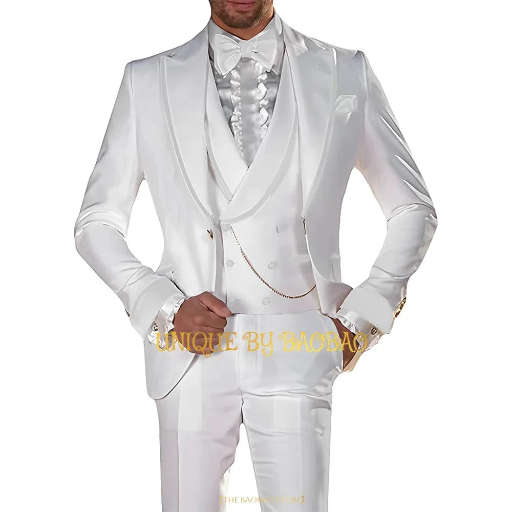 Men's 3-piece wedding tailcoat suit by Showlu Fashion, including jacket, vest, and pants, suited for formal events and celebrations.