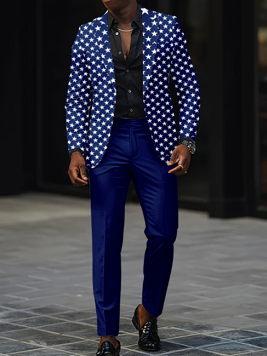 Slim fit men's 2-piece digital print suit with jacket and long pants, suitable for parties and festive occasions.
