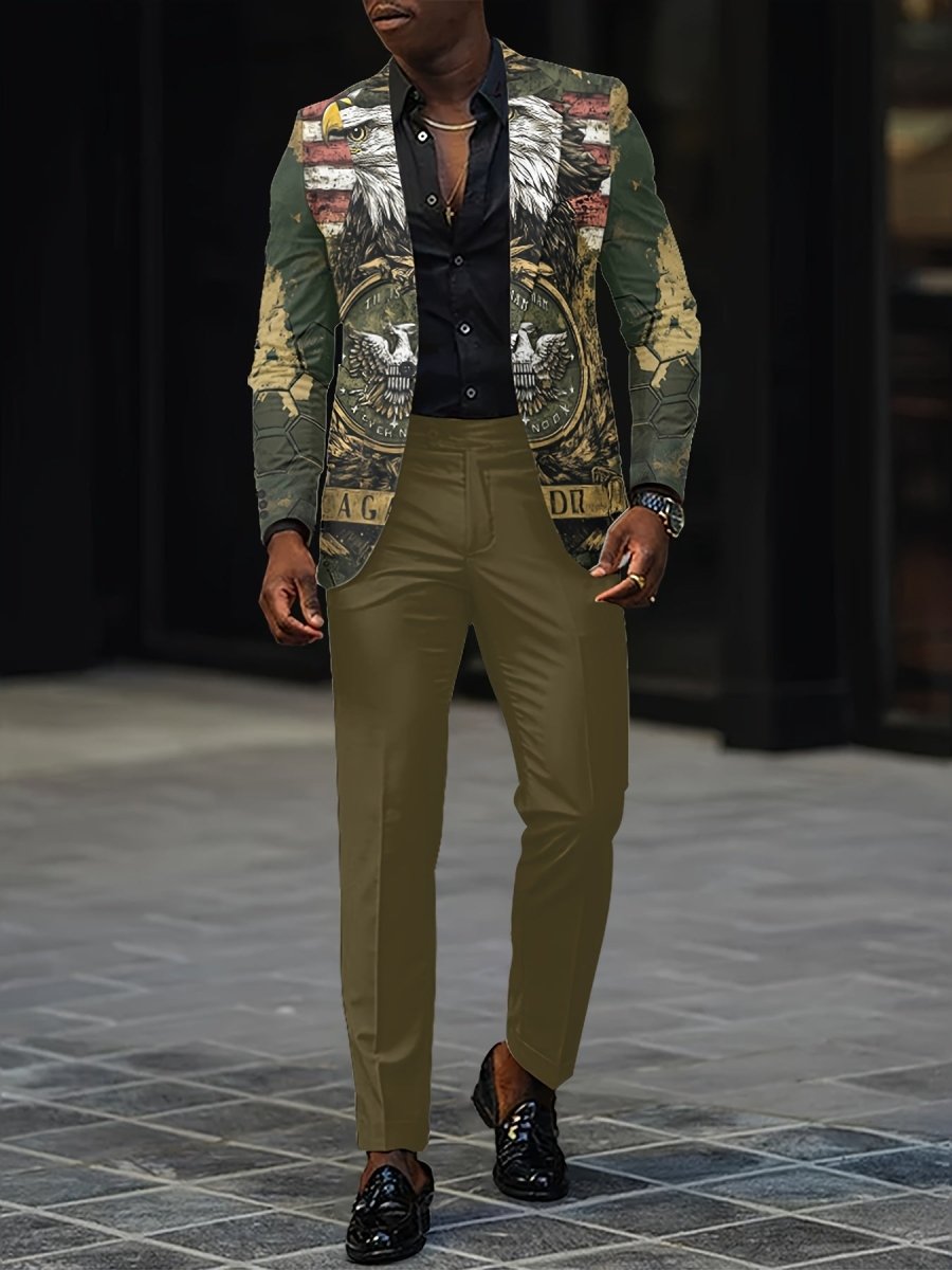 Mens slim fit 2-piece party suit from SHOWLU FASHION with digital print jacket and matching pants, ideal for nightclub or festive events.