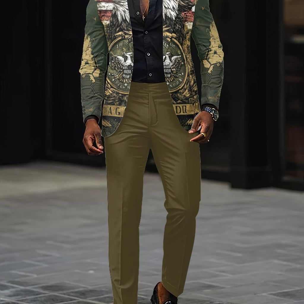 Slim fit men's 2-piece party suit by SHOWLU FASHION with digital print jacket and long pants, perfect for nightclub or festive occasions.
