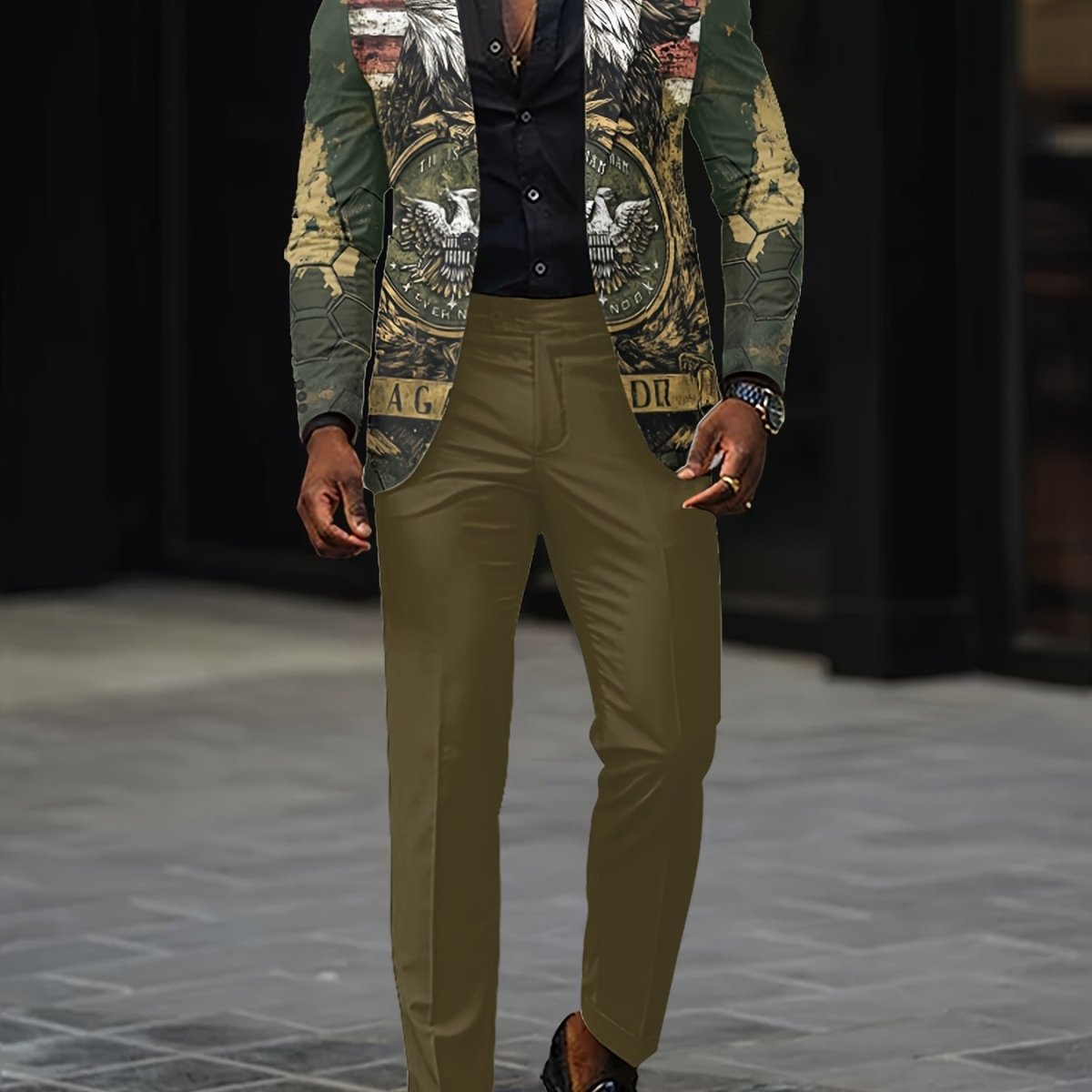 Slim fit men's 2-piece party suit by SHOWLU FASHION with digital print jacket and long pants, perfect for nightclub or festive occasions.