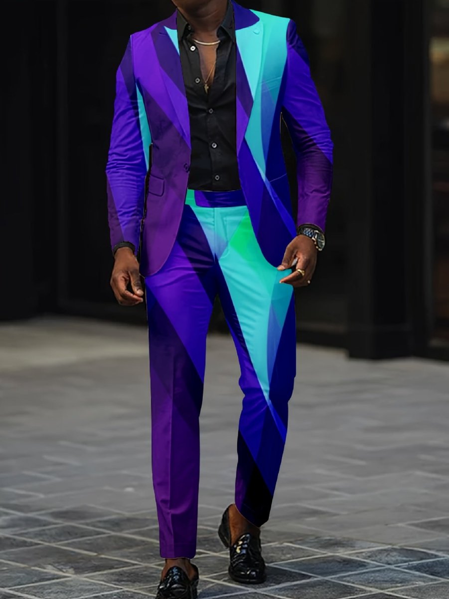 Slim fit digital print party suit set for men and women by SHOWLU FASHION, featuring stylish long pants and printed shirts.