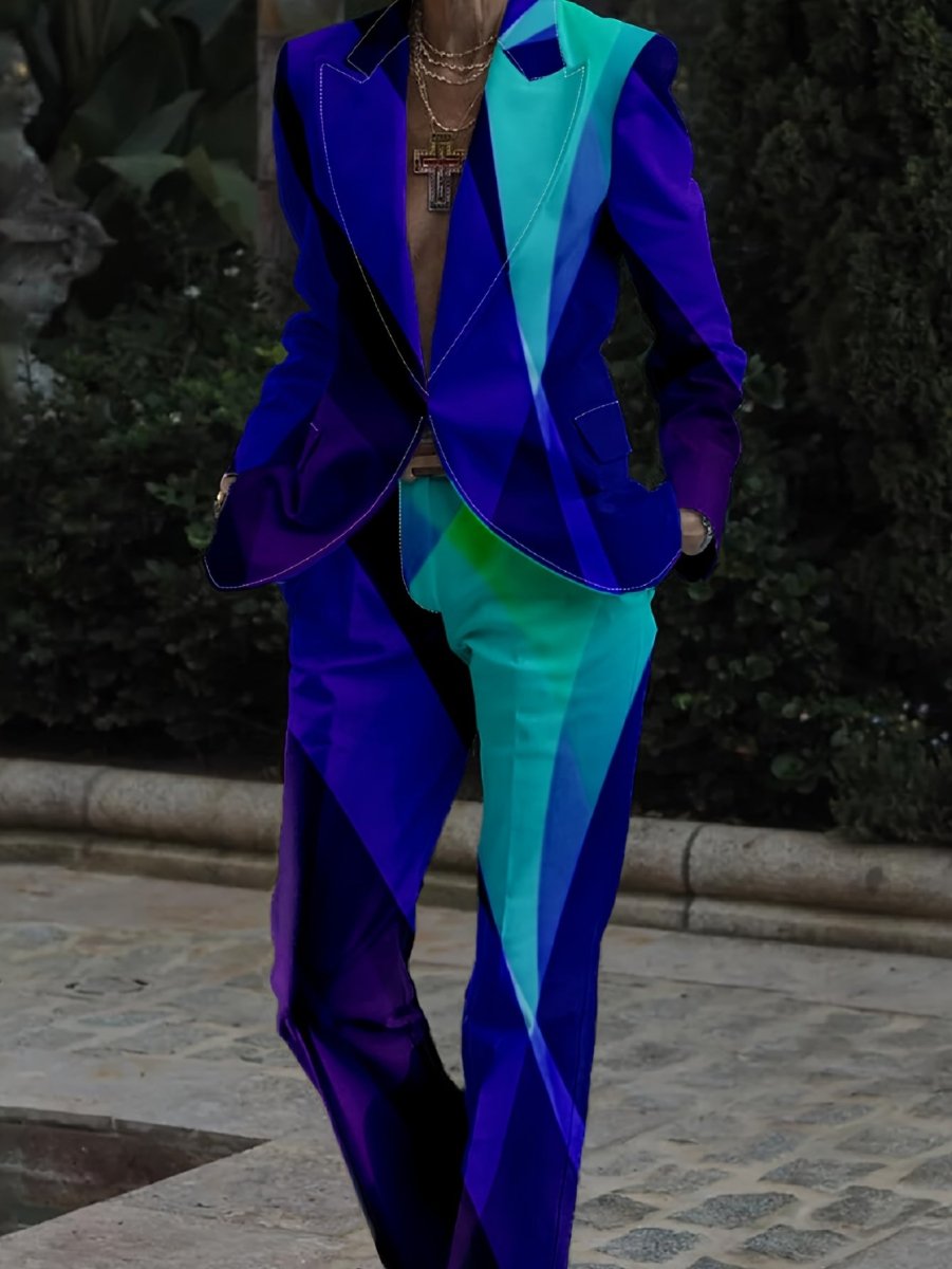 Slim fit digital print party suit set for men and women, featuring stylish shirts and long pants in a western-inspired design.
