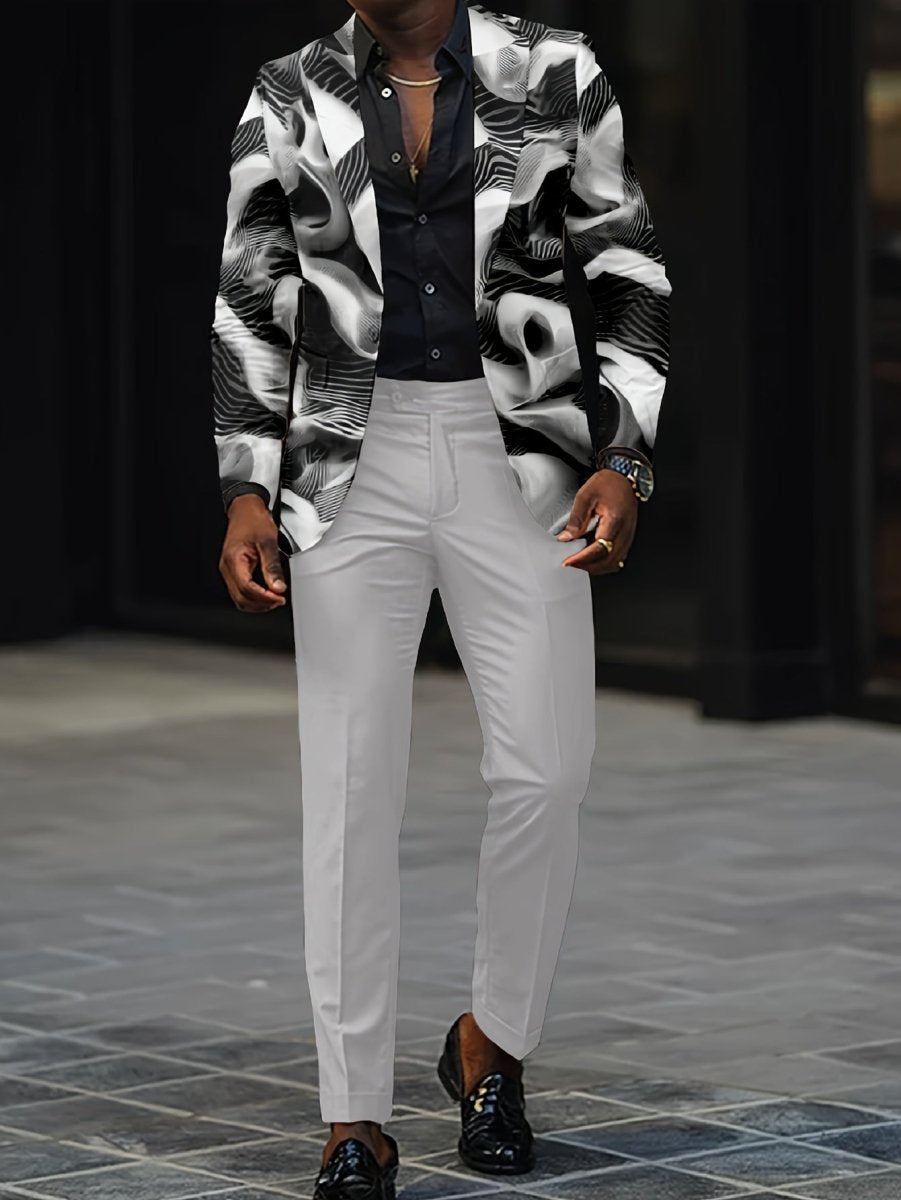 Men's digital print slim fit suit by SHOWLU FASHION, featuring a stylish jacket and long pants for parties and nightlife.
