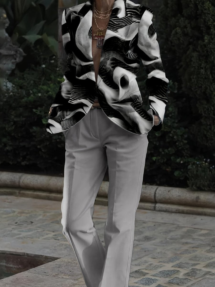 Slim fit men's digital print suit by SHOWLU FASHION, featuring a stylish jacket and long pants for party and nightclub wear.