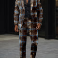 Slim fit men's digital print party suit set with jacket and long pants, featuring a stylish western-inspired design for clubwear.
