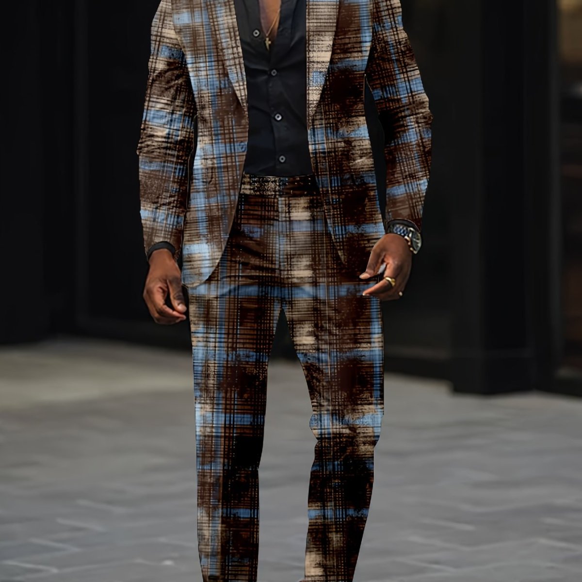 Slim fit men's digital print party suit set with jacket and long pants, featuring a stylish western-inspired design for clubwear.