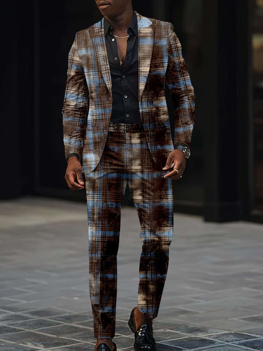 Slim fit men's party suit set with digital print, featuring a jacket and long pants in a western style for autumn winter events.