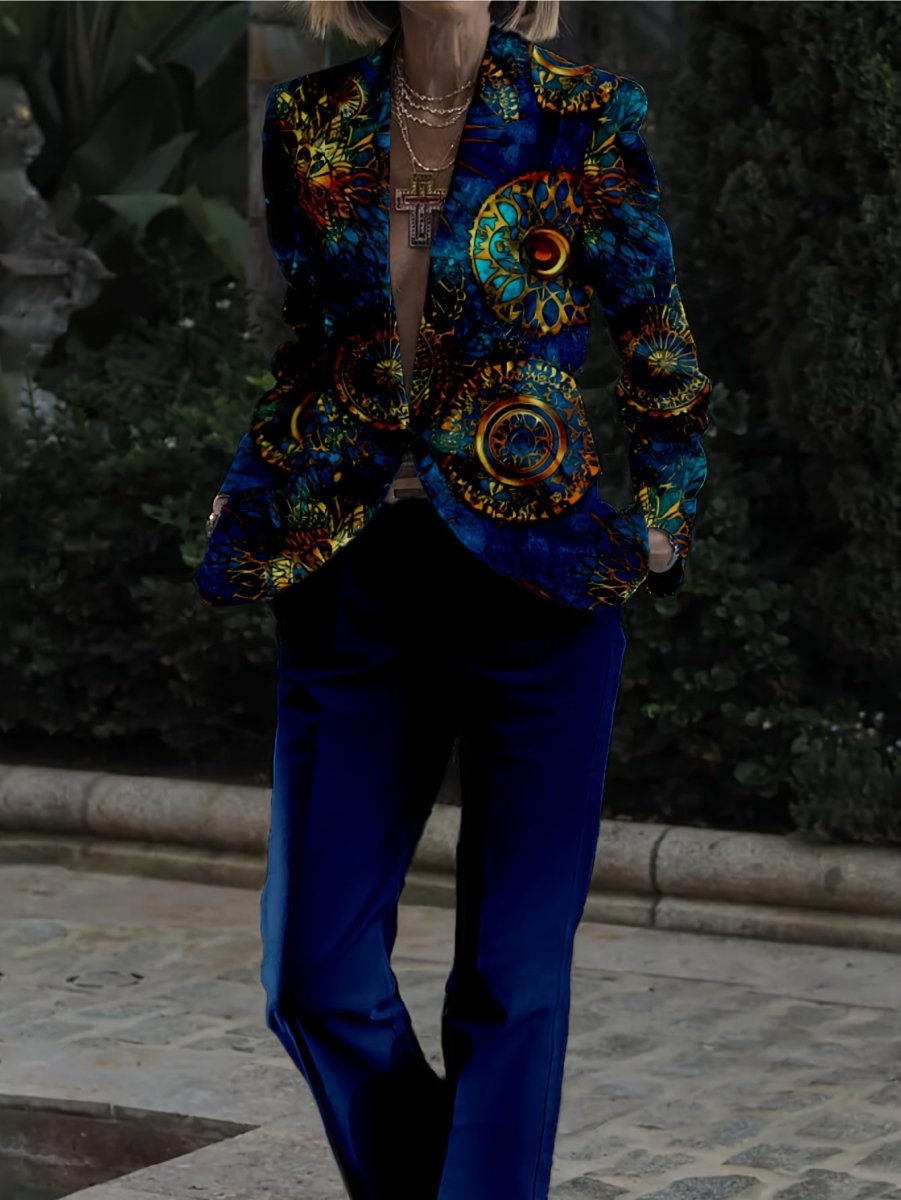 Men's digital print slim fit party suit set with jacket and long pants, stylish western autumn-winter fashion by SHOWLU FASHION.