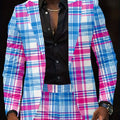 Unisex slim fit blazer jacket with digital print, polyester fabric, worn by men and women for outdoor or party fashion.