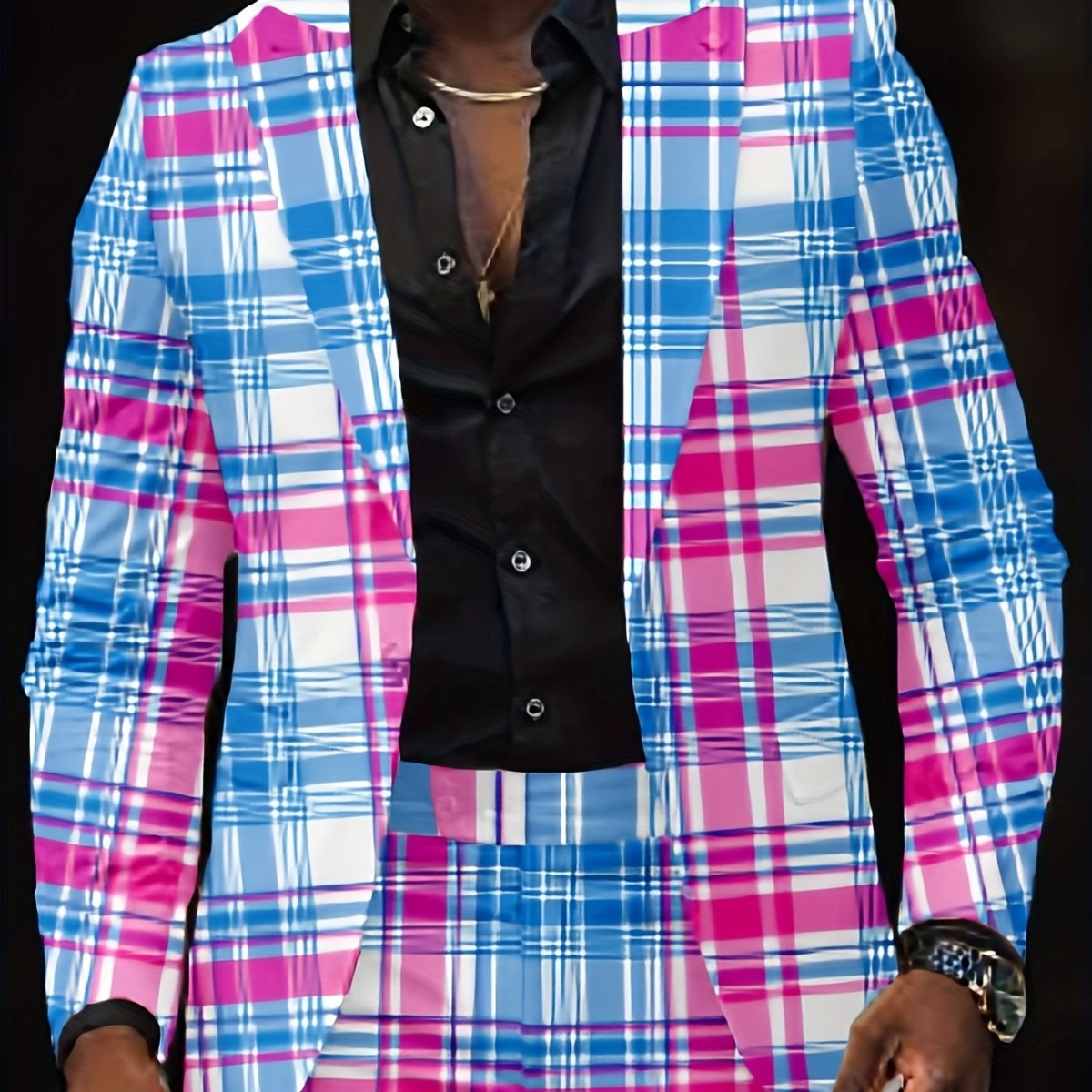 Unisex slim fit blazer jacket with digital print, polyester fabric, worn by men and women for outdoor or party fashion.
