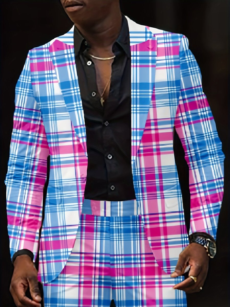 Unisex slim fit blazer jacket with digital print, polyester fabric, worn by men and women for outdoor, party, and casual occasions.