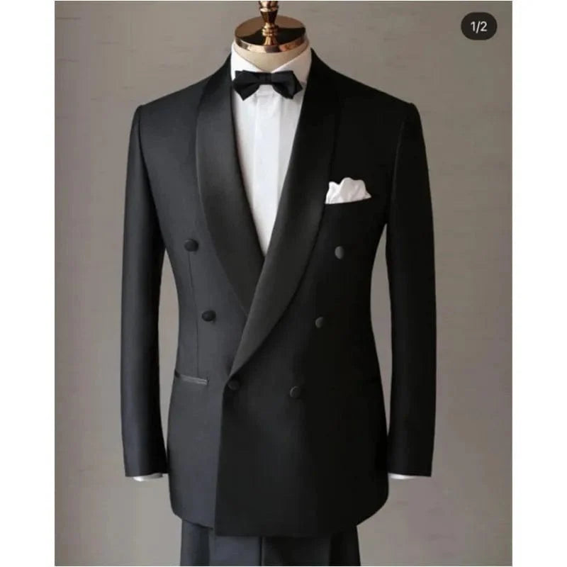 Black men's slim fit suit jacket with shawl lapel, cotton wool blend, formal blazer for business or wedding occasions.