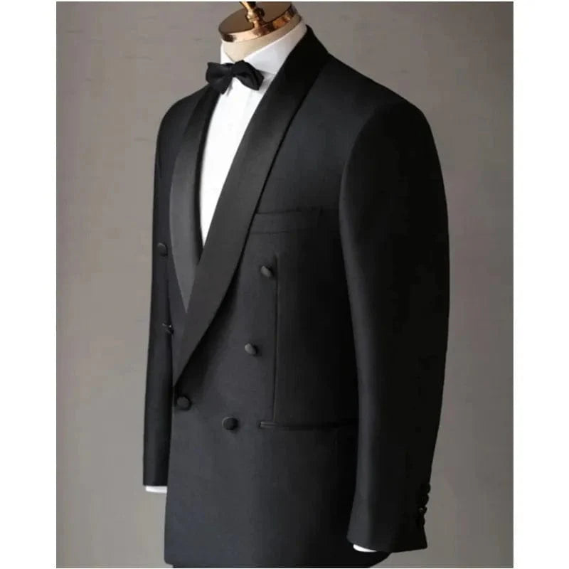 Men's black SHOWLU slim fit suit jacket with shawl lapel, cotton wool blend, formal blazer for business or wedding attire.