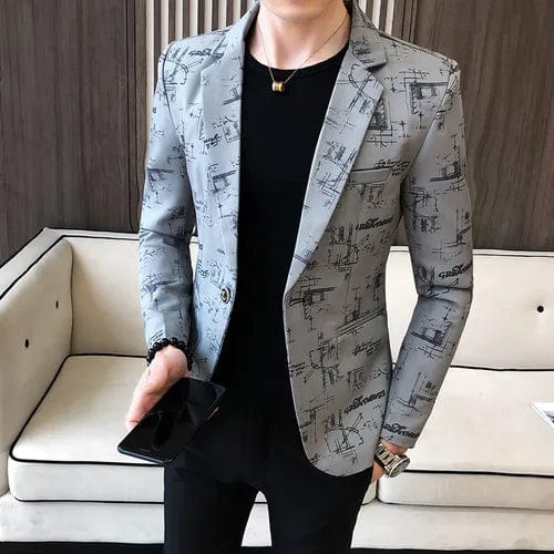 Men's slim fit printed blazer by Showlu Fashion, high-quality formal suit jacket for casual, wedding, or prom occasions.