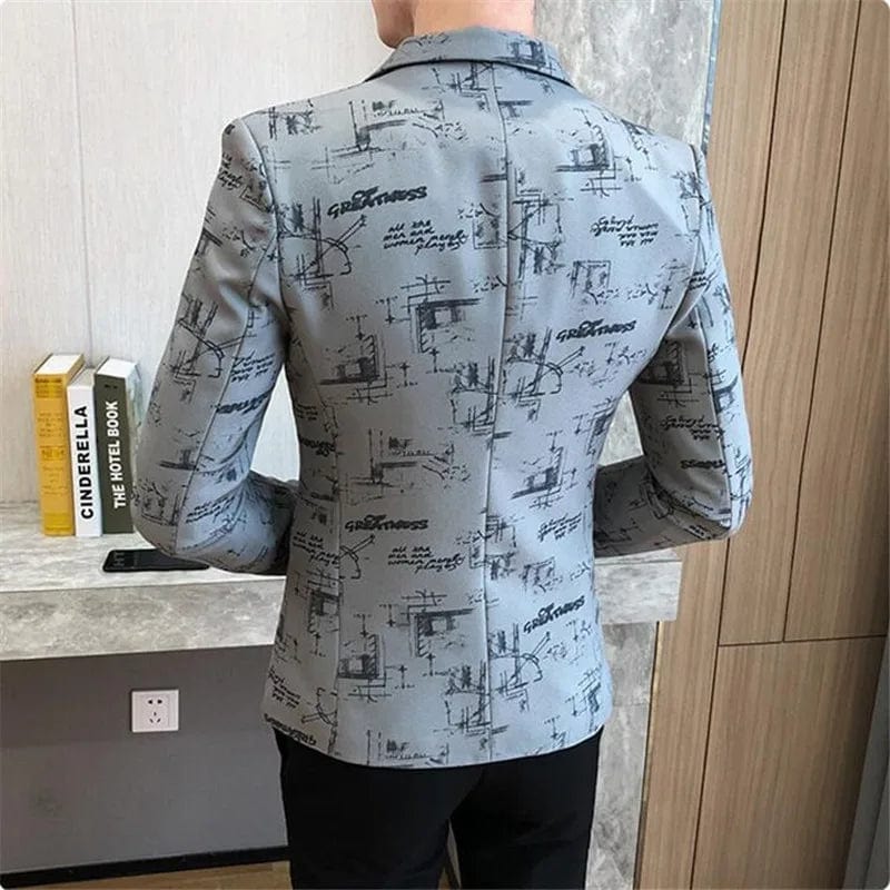 Men's slim fit printed blazer by Showlu Fashion, high-quality Korean-style formal suit jacket for smart casual or wedding occasions.