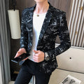 Men's slim fit printed blazer by Showlu Fashion, high-quality Korean-style formal suit jacket for wedding, prom, or smart casual events.