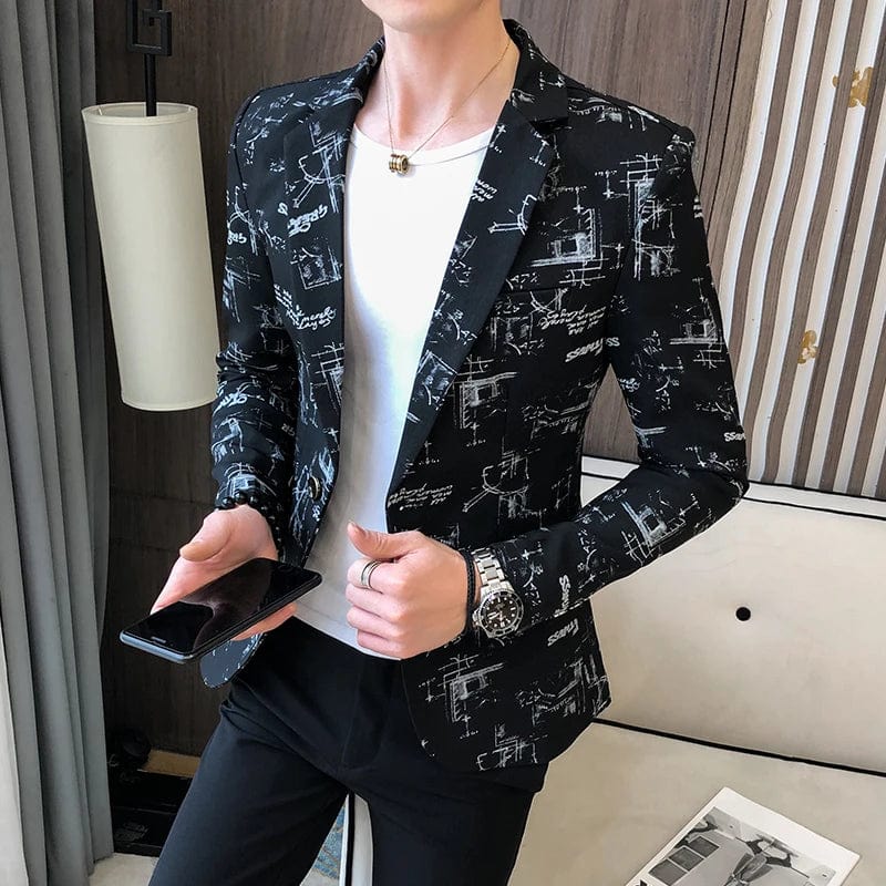 Men's slim fit printed blazer by Showlu Fashion, high-quality Korean-style formal suit jacket for wedding, prom, or smart casual events.