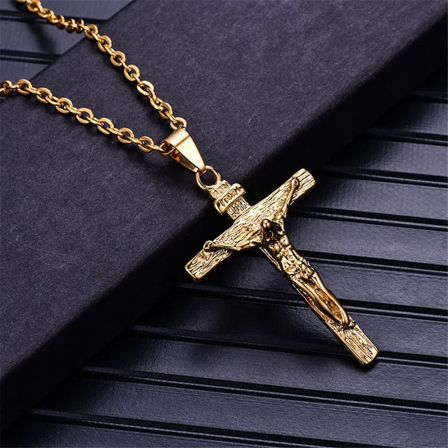 Men's vintage INRI Crucifix cross pendant necklace in gold stainless steel, featuring detailed Jesus design and classic Christian style.