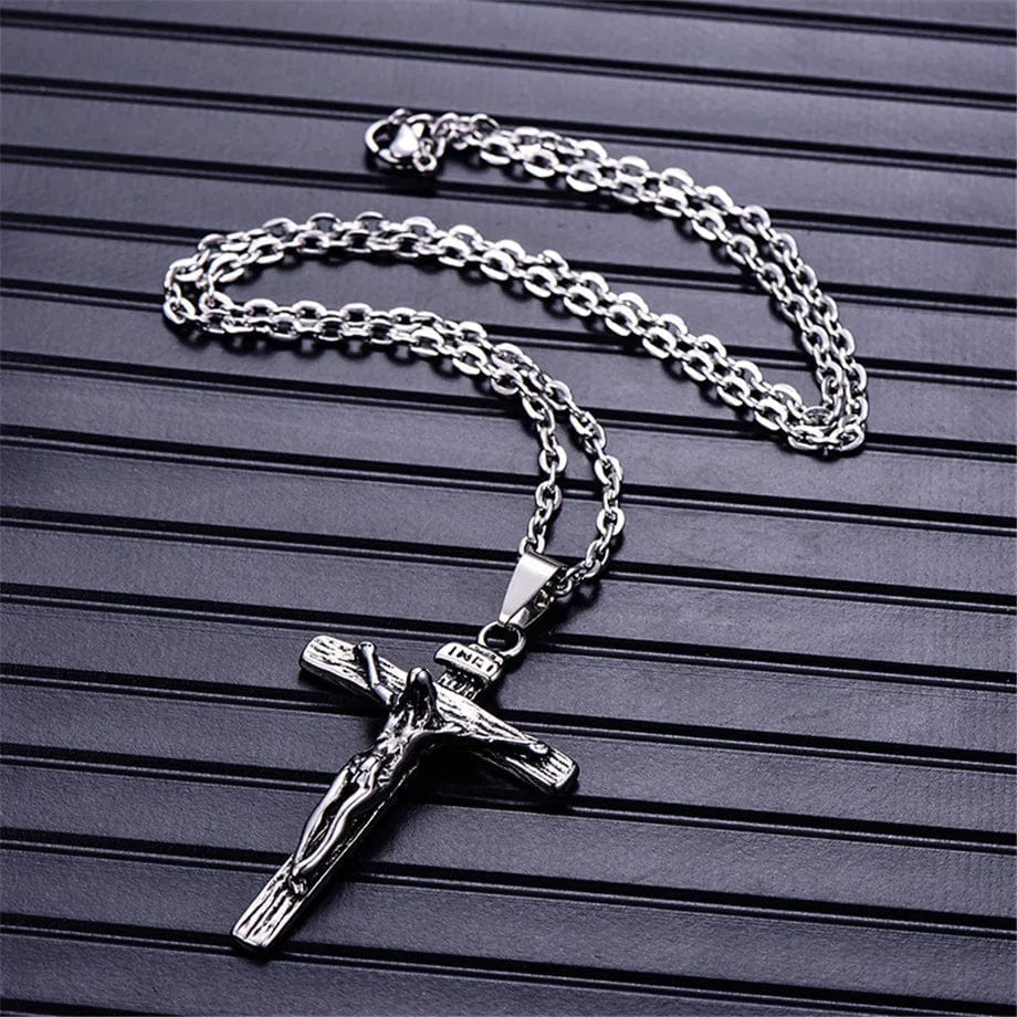 Men's gold stainless steel INRI Crucifix cross pendant necklace featuring a vintage Christian design and Jesus motif.