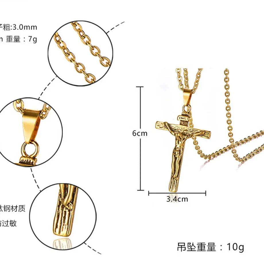 Men's gold stainless steel INRI Crucifix cross pendant necklace featuring a vintage Christian design and detailed Jesus engraving.