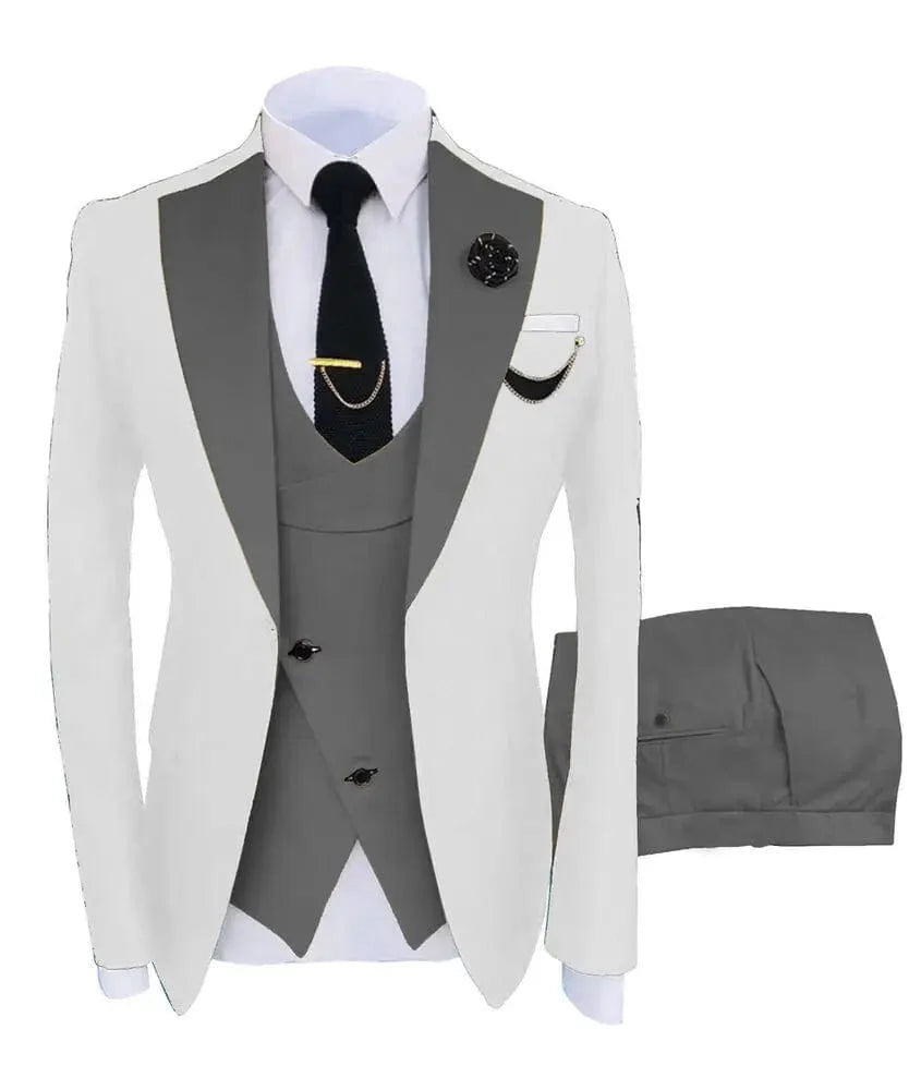 Men's green 3-piece slim fit business suit with blazer, vest, and pants, perfect for formal occasions and weddings.