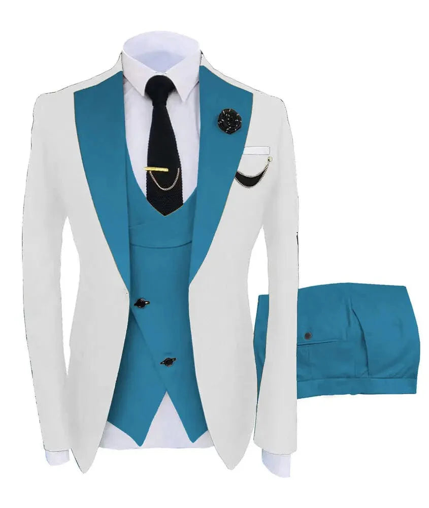 Men's slim fit 3-piece business suit by SHOWLU FASHION STORE, includes green blazer, vest, and pants for formal or wedding occasions.
