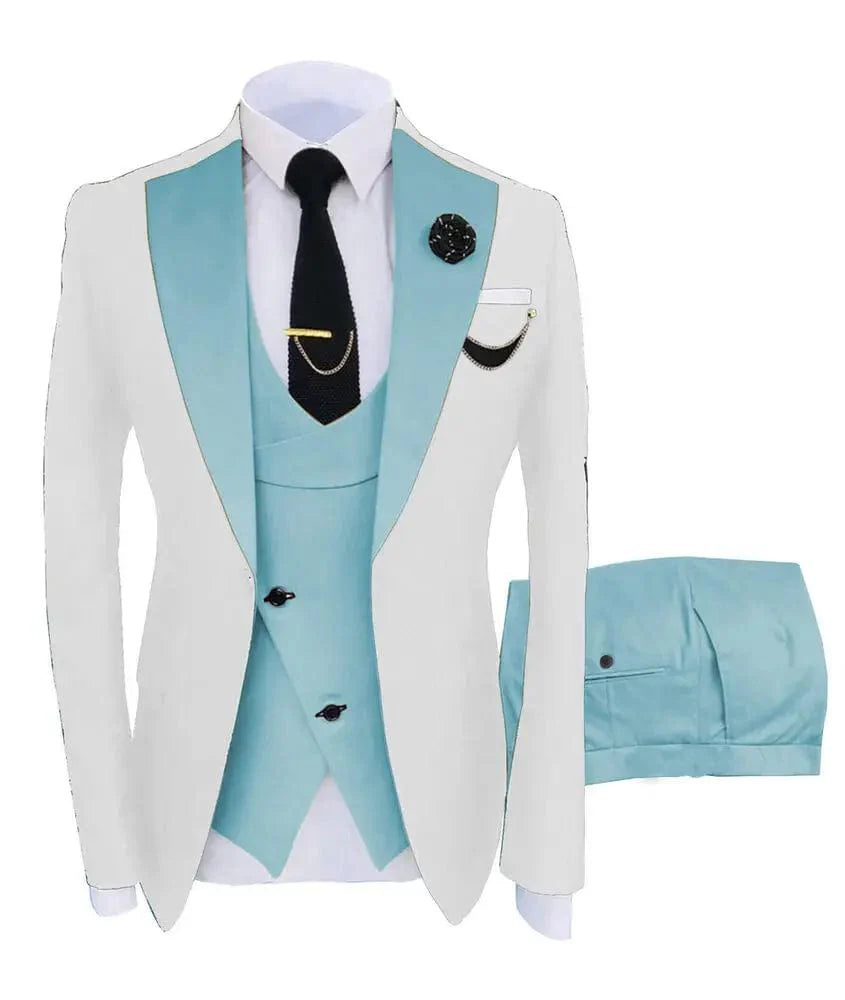 Men's slim fit business suit by SHOWLU FASHION, includes green blazer, vest, and pants for formal or wedding occasions.