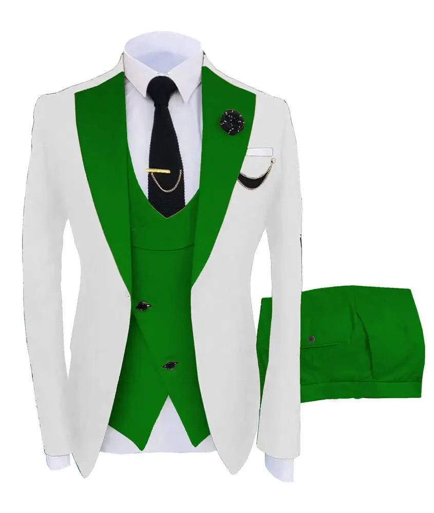 Men's slim fit 3-piece business suit with green cotton blazer, vest, and pants, ideal for formal events and weddings.