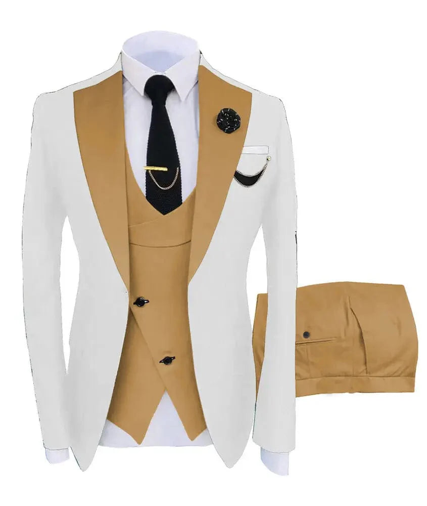 Men's slim fit business suit set with green blazer, vest, and pants, perfect for formal occasions and weddings.