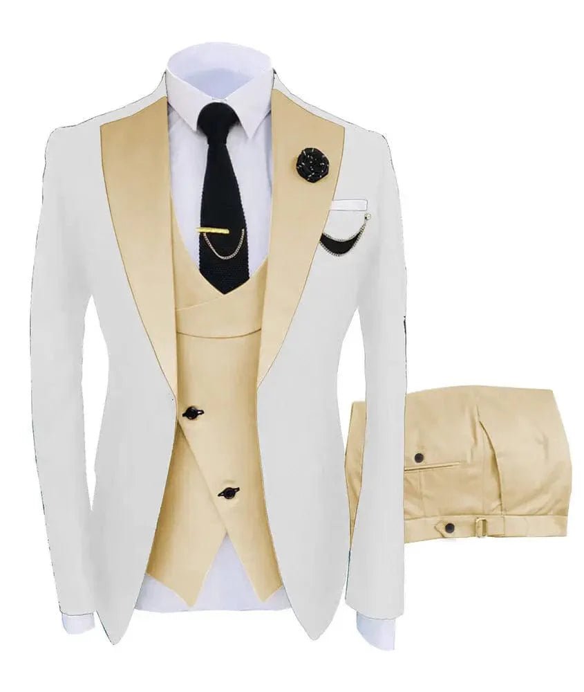Men's green 3-piece slim fit business suit with blazer, vest, and pants, ideal for formal events and weddings.