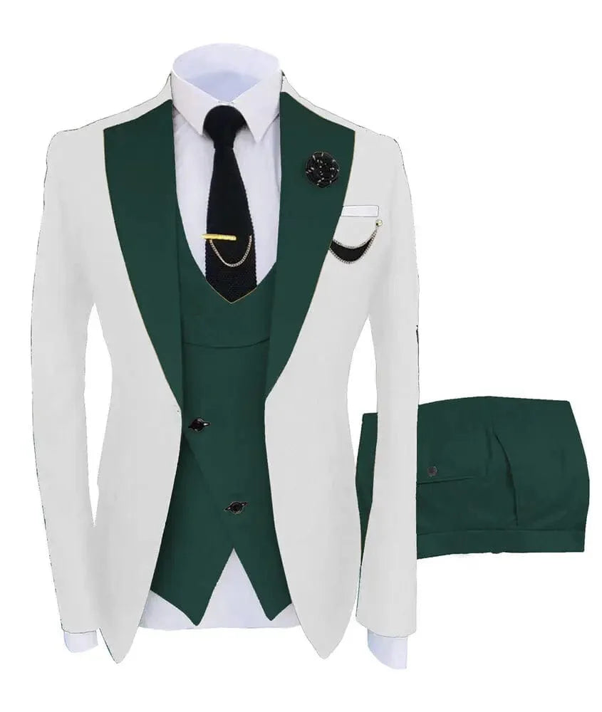 Men's slim fit 3-piece business suit by SHOWLU FASHION STORE, includes green blazer, vest, and pants for formal or wedding occasions.