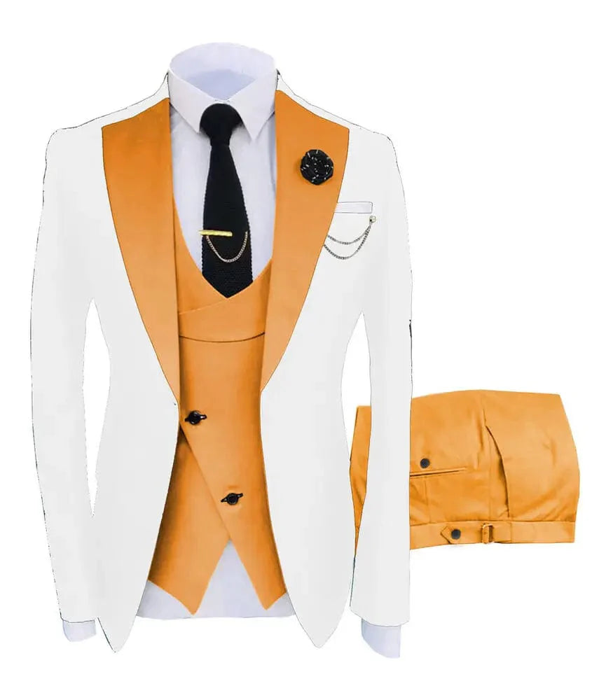 Men's green 3-piece slim fit business suit with blazer, vest, and pants, ideal for formal events and weddings.
