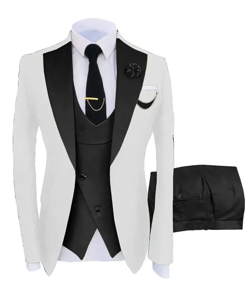 Men's green 3-piece slim fit business suit with blazer, vest, and pants, perfect for formal events and weddings.