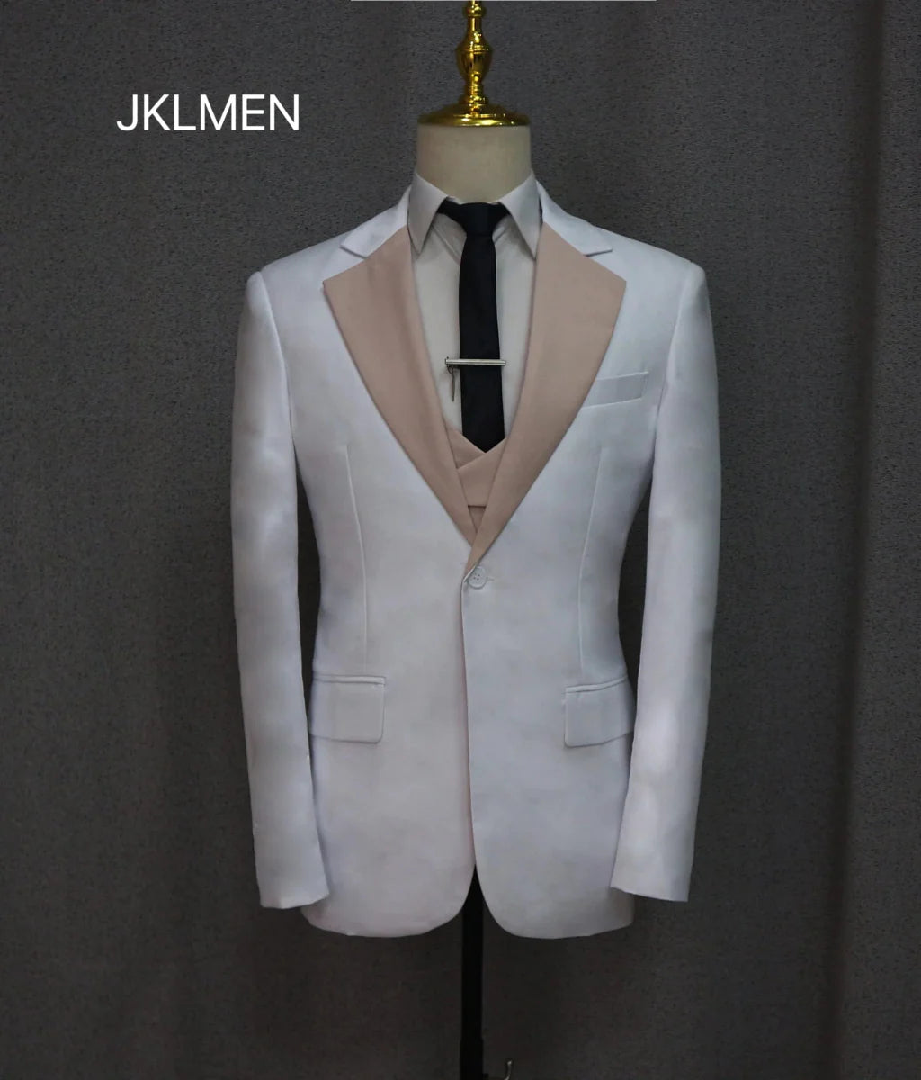 Men's green cotton 3-piece slim fit business suit with blazer, vest, and pants, ideal for weddings and formal events.