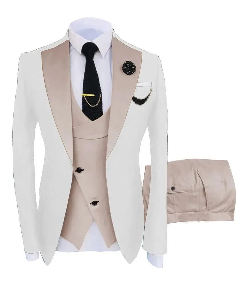 Men's green 3-piece slim fit business suit with blazer, vest, and pants, perfect for weddings and formal occasions.