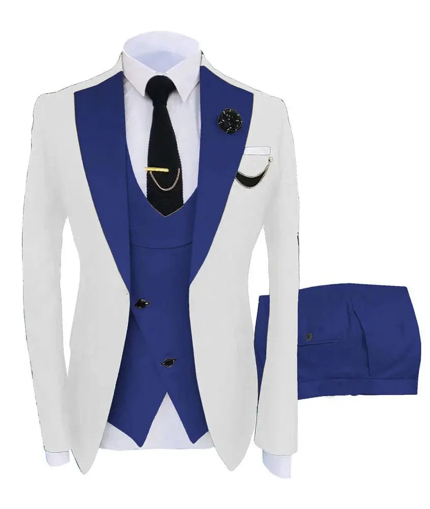 Men's green 3-piece slim fit business suit with blazer, vest, and pants, perfect for formal occasions and weddings.