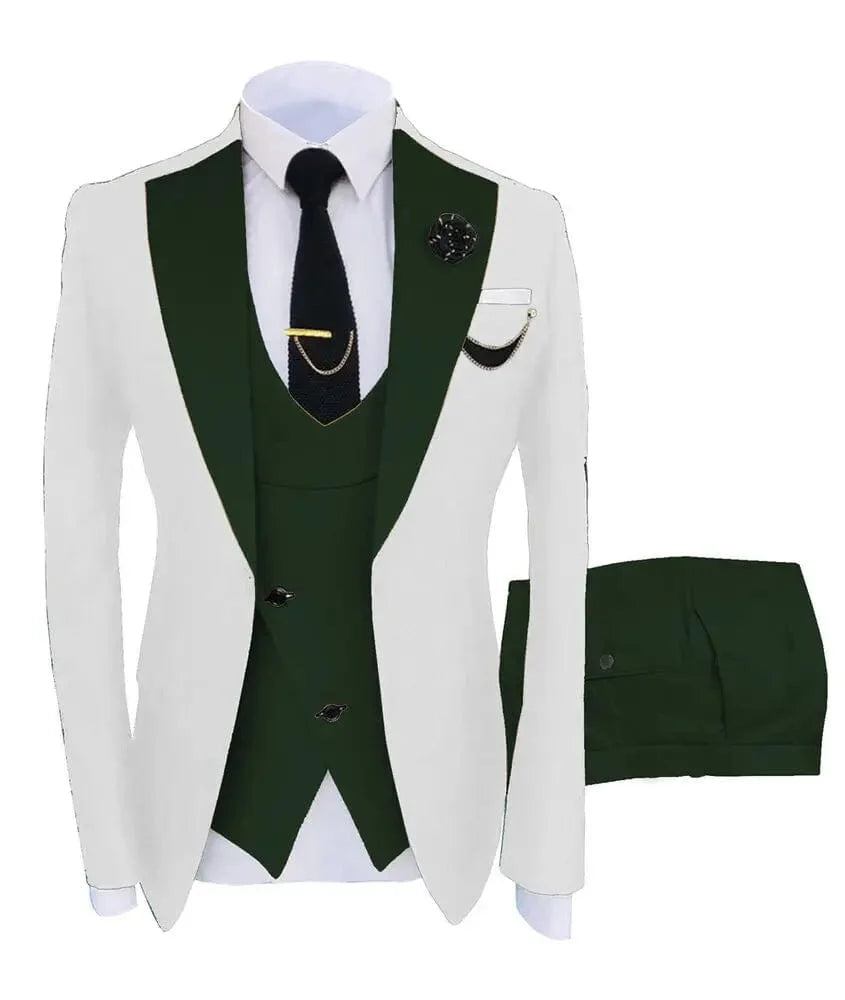 Men's slim fit business suit set with green blazer, vest, and pants, ideal for formal occasions and weddings.