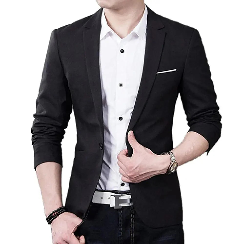 Men's slim fit formal blazer jacket in black, blue, or red featuring a one-button design, from SHOWLU FASHION STORE.
