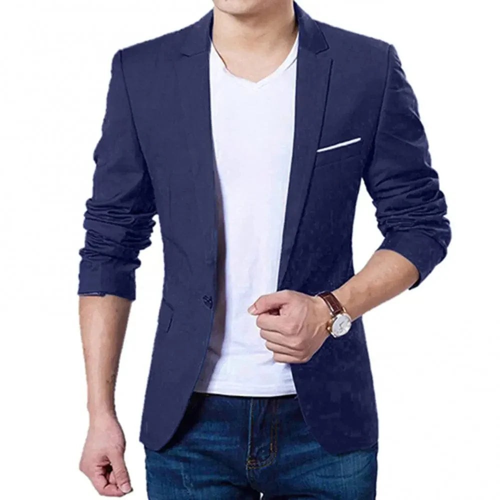 SHOWLU men's slim fit formal blazer with one button in black, blue, or red, stylish business suit jacket for men.