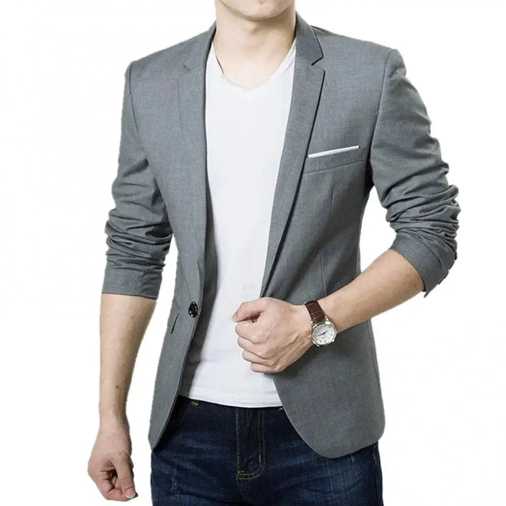 SHOWLU men's slim fit formal blazer jacket with one button, in black, blue, or red, suitable for business and casual wear.