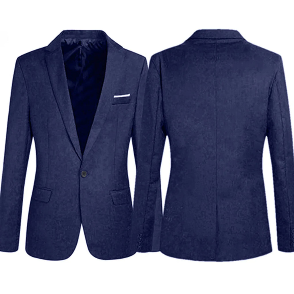 Men's slim fit formal blazer jacket by SHOWLU FASHION STORE, featuring a one-button design in black, blue, or red for business or casual wear.