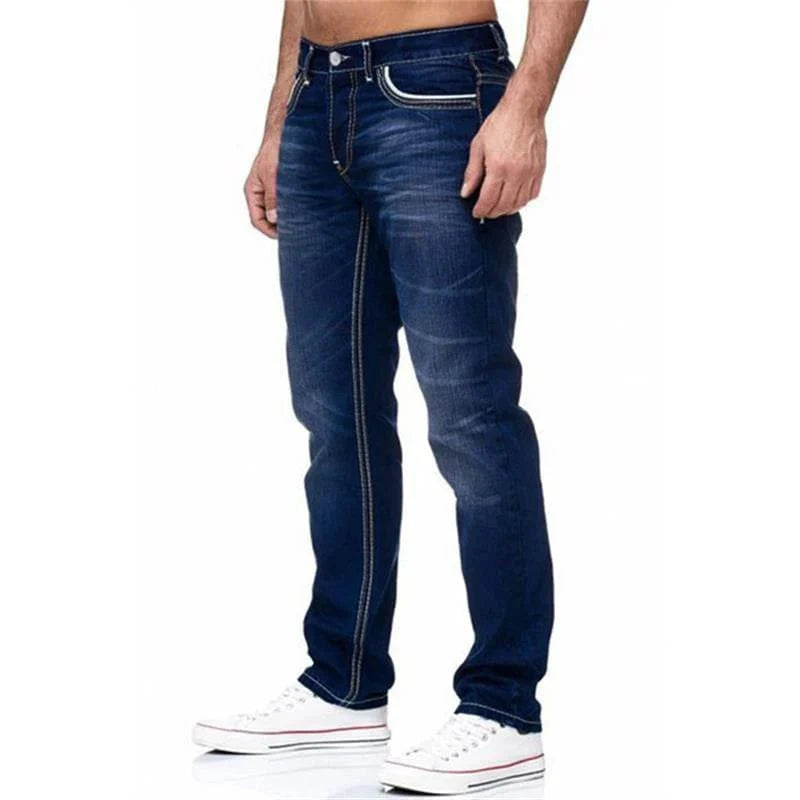 Men's straight-leg denim jeans from ZHANLINWU by Showlu Fashion Store, featuring stretch fabric, solid color, and front pockets for casual style.