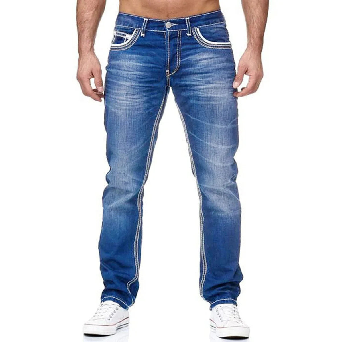 Men's ZHANLINWU straight-leg denim jeans with pockets, stretchy fabric, ideal for business casual or streetwear outfits.